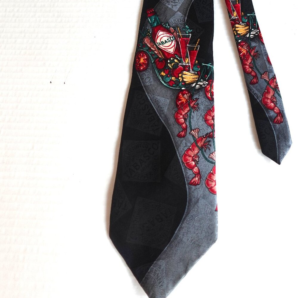 Tabasco Brand Neck Tie 100% silk Shrimp and Bloody Mary Black and Gray